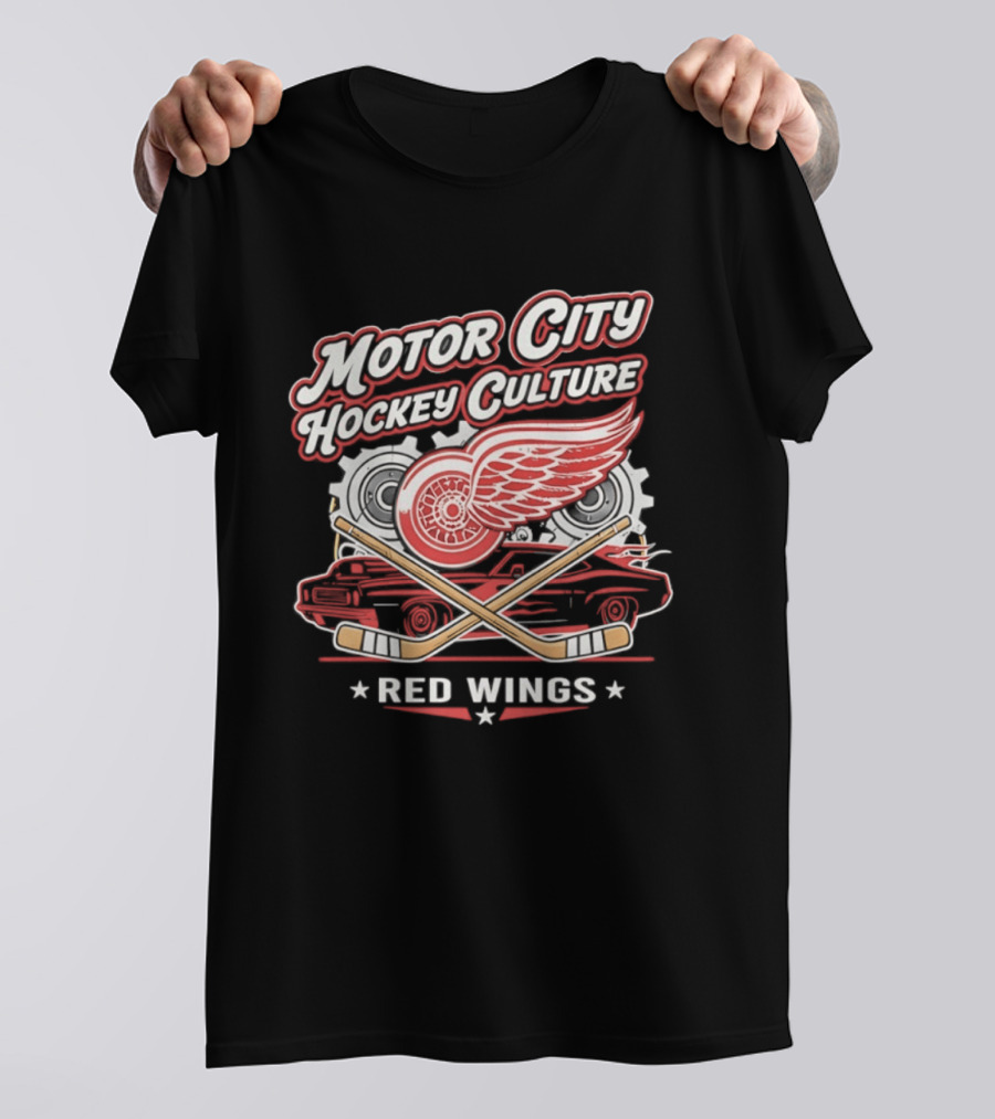 Motor City Hockey Culture Red Wings NHL Classic Logo And Car T-Shirt
