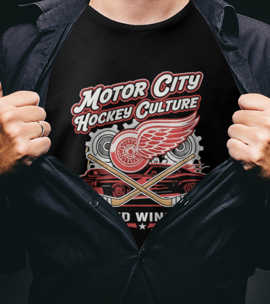 Motor City Hockey Culture Red Wings NHL Classic Logo And Car T-Shirt