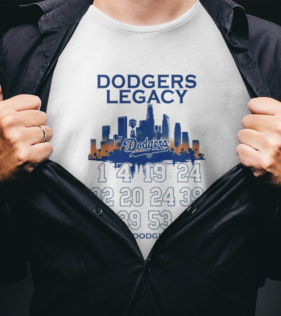 Dodgers Legacy 1 4 19 24 32 20 24 39 39 53 Bleed Dodger Blue Skyline Dodgers T-Shirt
