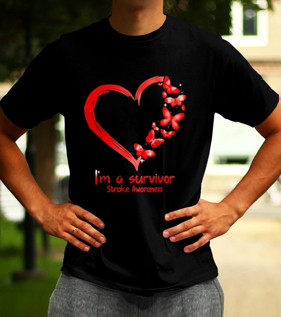 I'm A Survivor Stroke Awareness Heart And Red Butterflies T-Shirt