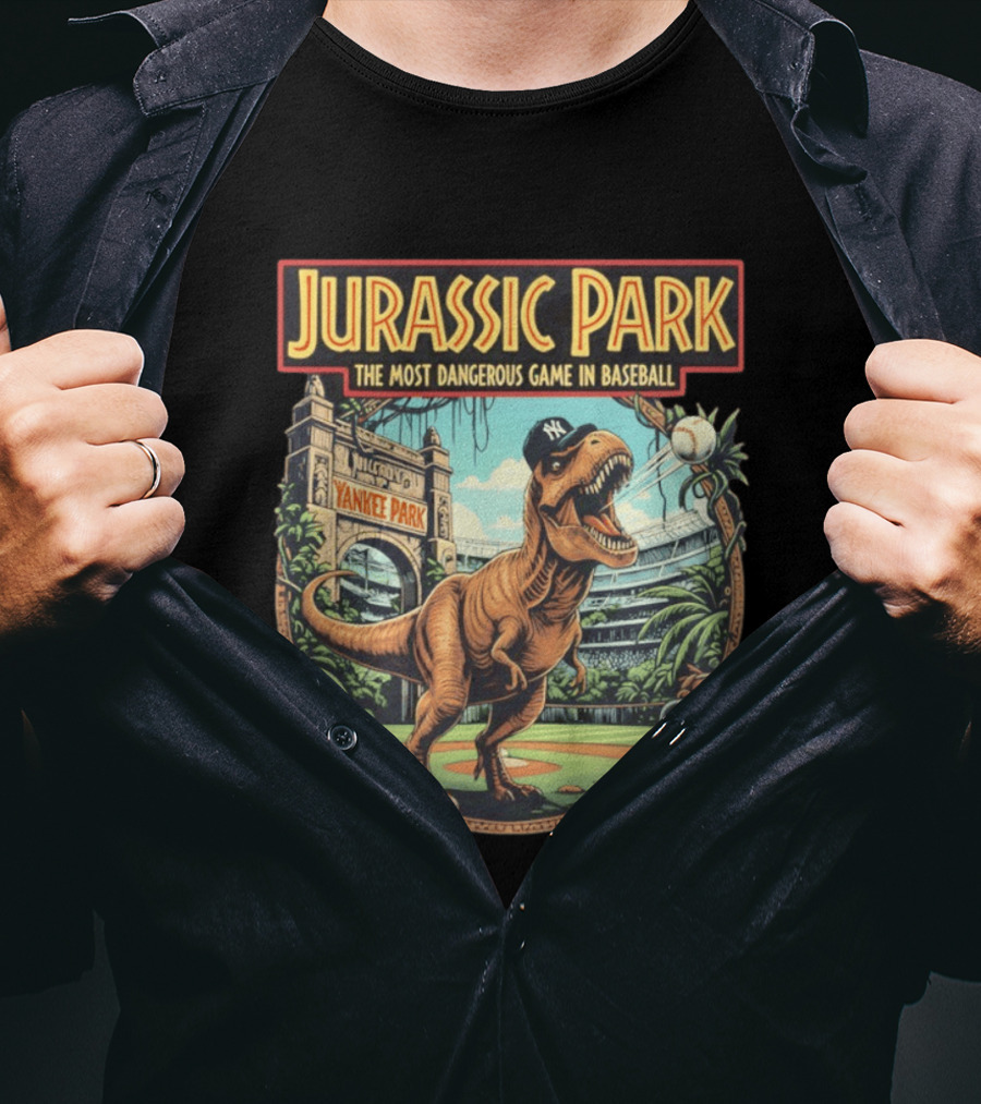 Jurassic Park The Most Dangerous Game In Baseball Yankee Park Rex Stadium Adventure T-Shirt