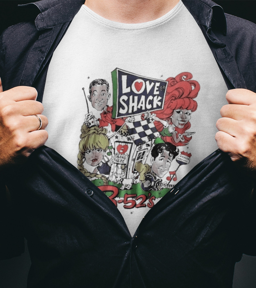 The B 52's Love Shack Cartoon Artwork Featuring Band Members T-Shirt