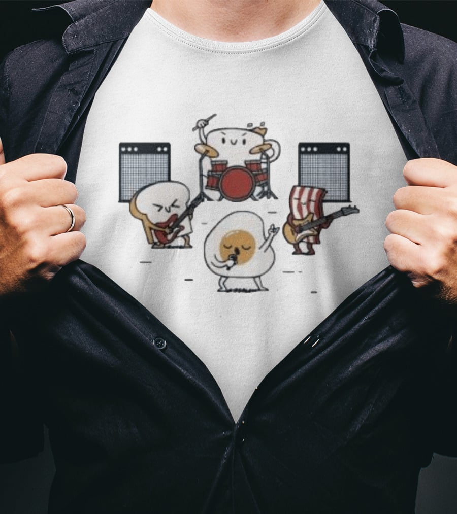 Breakfast Food Band Music Egg Bacon Toast Drumming And Guitar T-Shirt