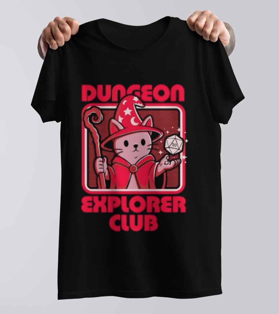 Dungeon Explorer Club Wizard Cat With D20 Dice Magic Wand T-Shirt