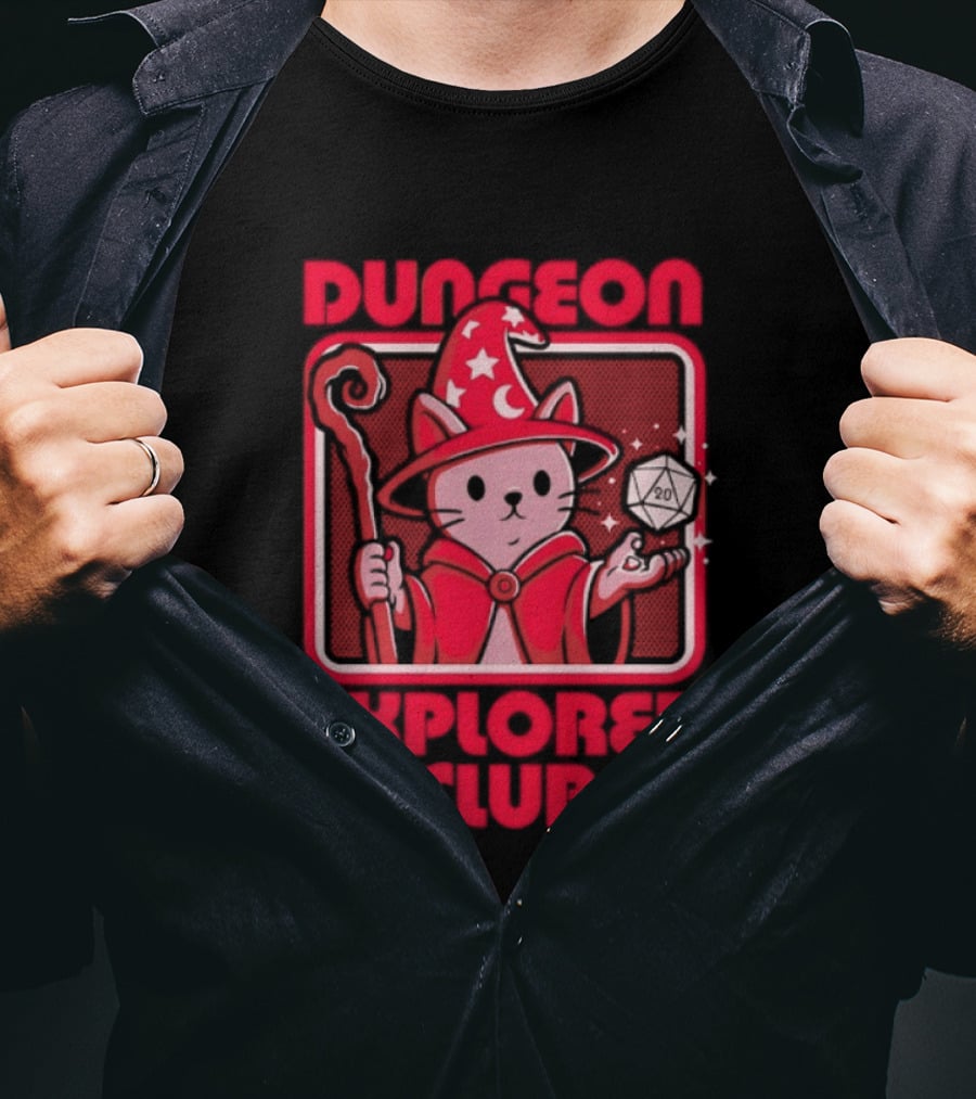 Dungeon Explorer Club Wizard Cat With D20 Dice Magic Wand T-Shirt