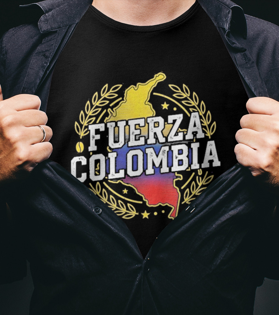 Fuerza Colombia Map Yellow Blue Red Laurel And Stars T-Shirt