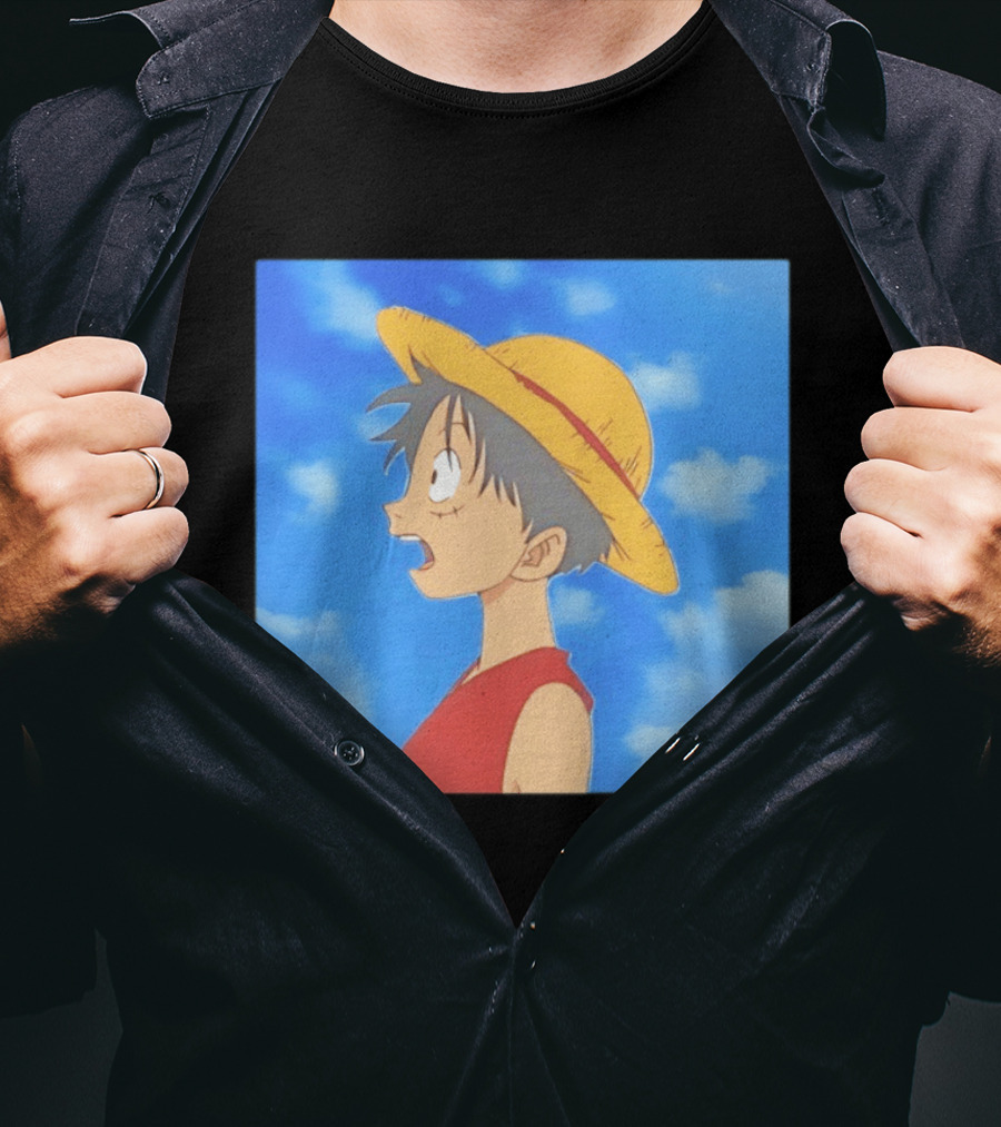 Monkey D Luffy Sky Gazing Red Vest Yellow Straw Hat Anime Scene Clouds Blue Sky T-Shirt
