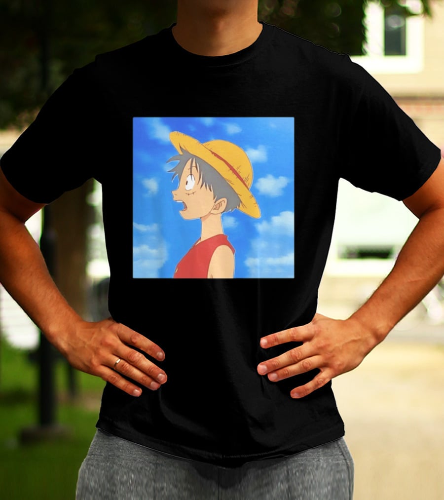 Monkey D Luffy Sky Gazing Red Vest Yellow Straw Hat Anime Scene Clouds Blue Sky T-Shirt