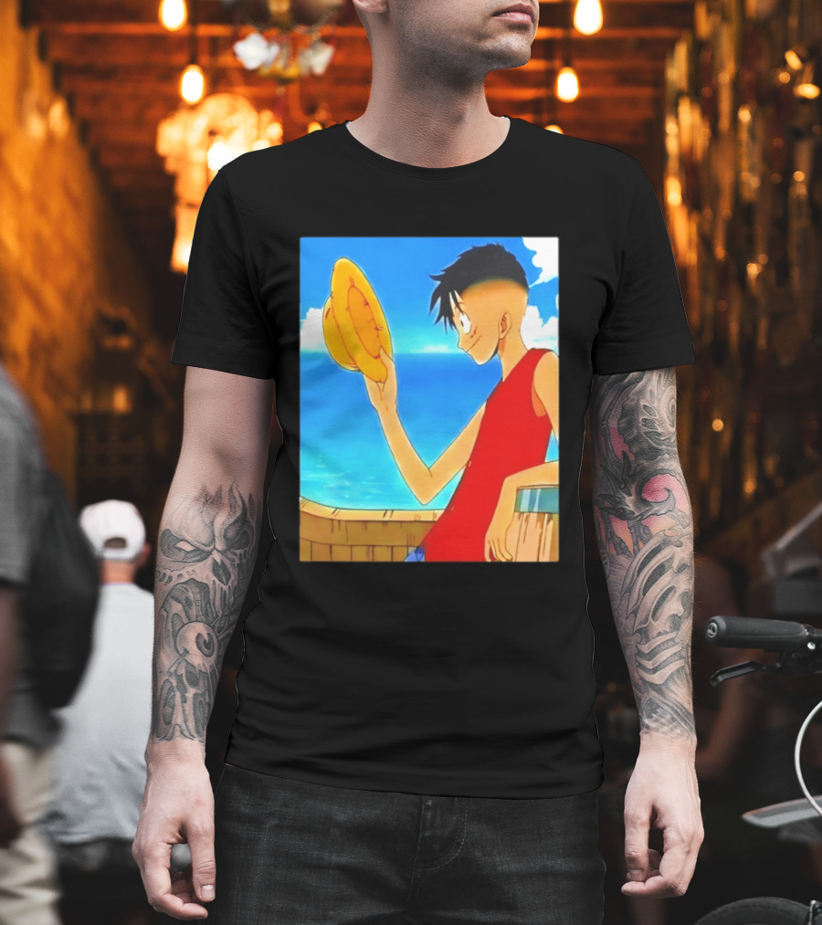 One Piece Luffy Taper Fade Anime Manga Straw Hat Ocean Scene T-Shirt