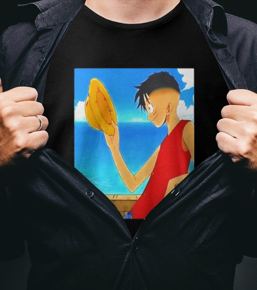 One Piece Luffy Taper Fade Anime Manga Straw Hat Ocean Scene T-Shirt