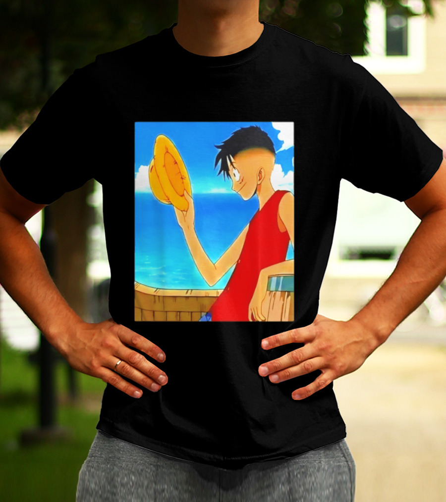 One Piece Luffy Taper Fade Anime Manga Straw Hat Ocean Scene T-Shirt