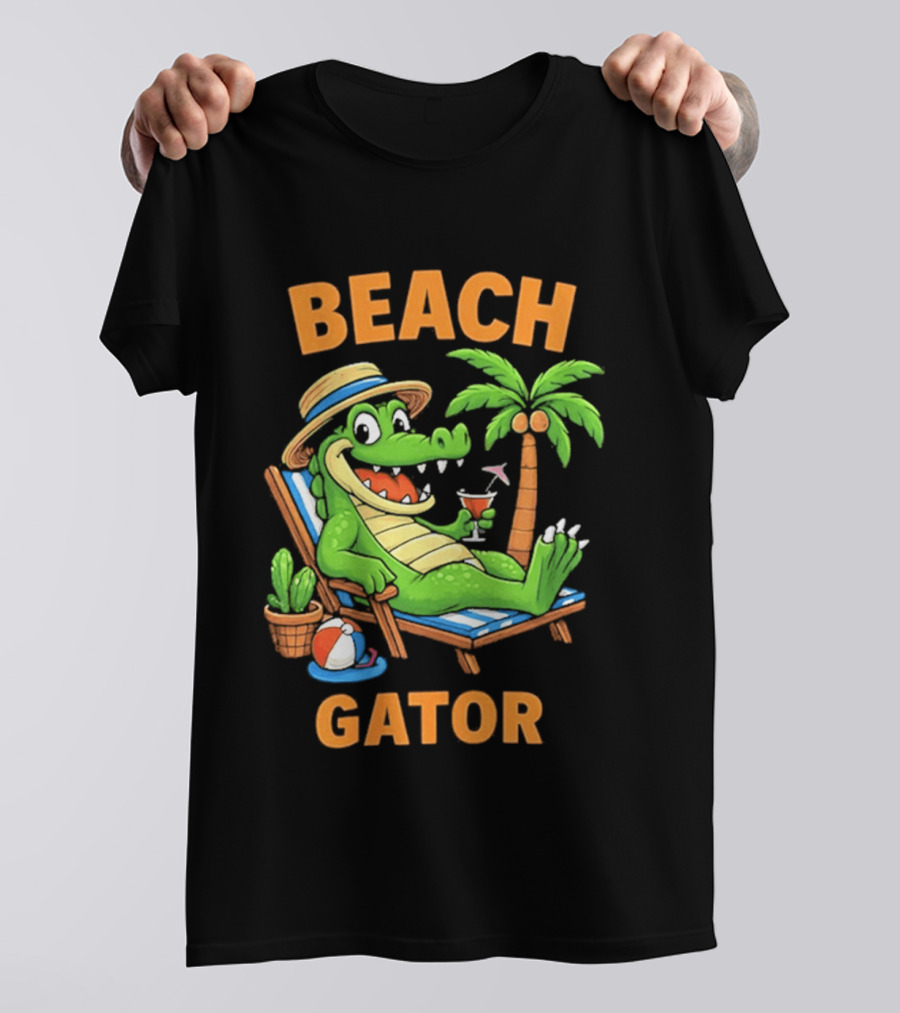 Beach Gator Tropical Alligator Vacation Relaxing With Cocktail Palm Tree T-Shirt