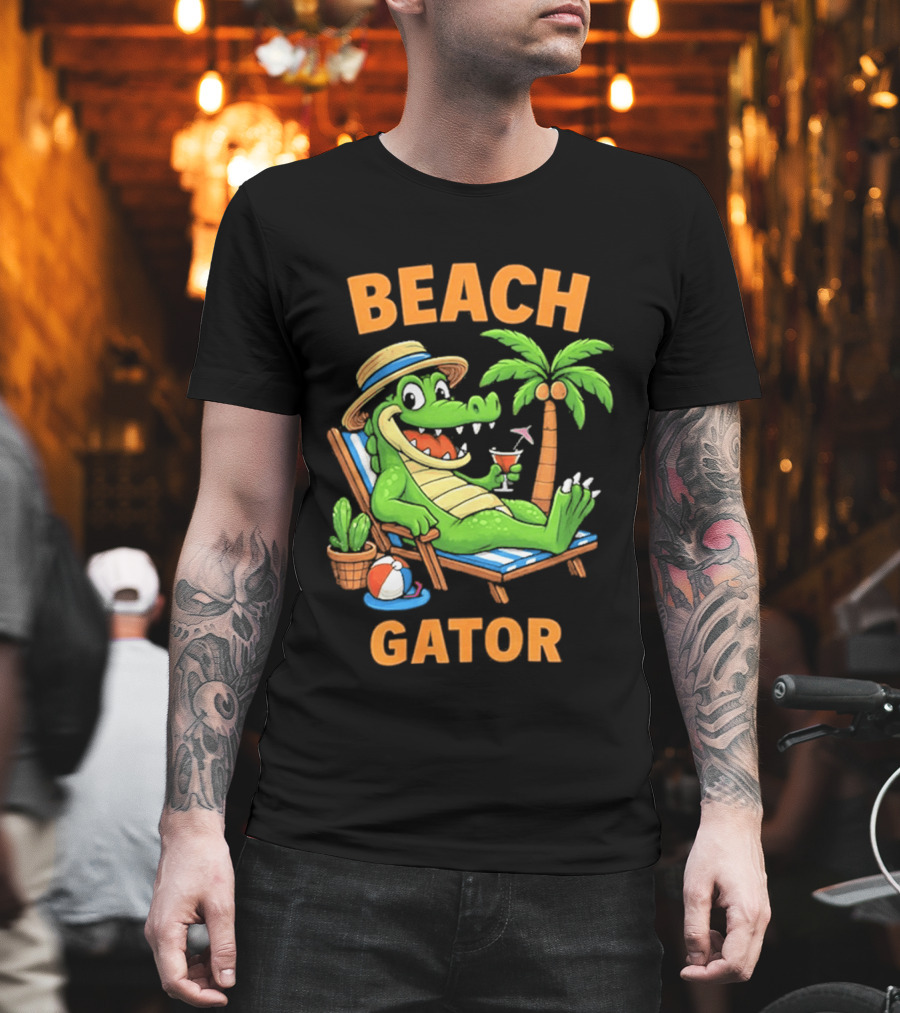 Beach Gator Tropical Alligator Vacation Relaxing With Cocktail Palm Tree T-Shirt