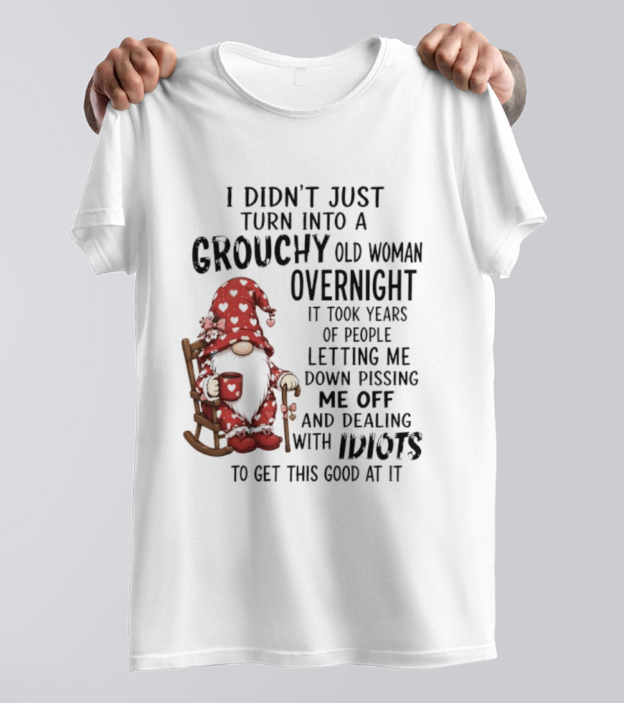 I Didn't Just Turn Into A Grouchy Old Woman Overnight Gnome Humor It Took Years Of People Letting Me Down Pissing Me Off And Dealing With Idiots T-Shirt