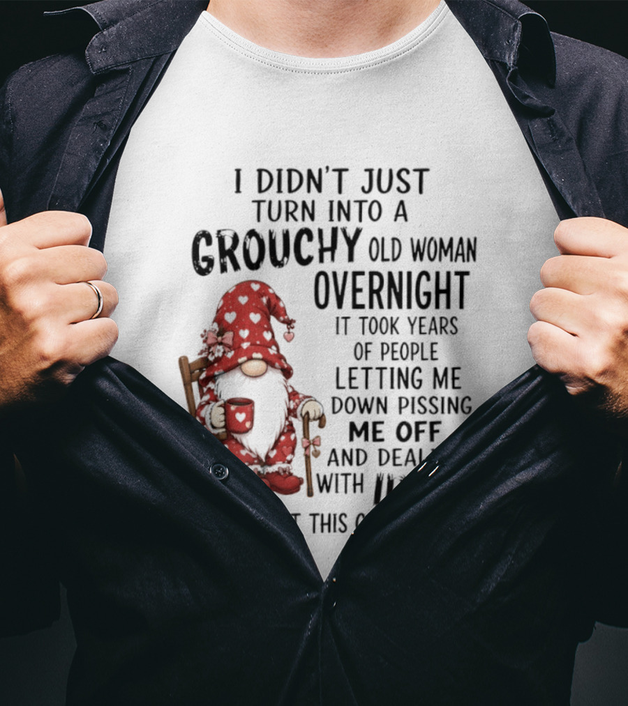 I Didn't Just Turn Into A Grouchy Old Woman Overnight Gnome Humor It Took Years Of People Letting Me Down Pissing Me Off And Dealing With Idiots T-Shirt