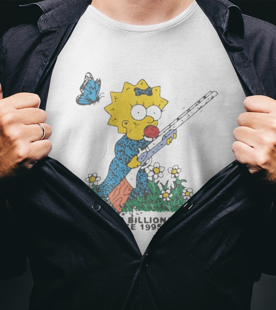 Maggie Simpson Shooting Billionaires Butterfly And Flowers Since 1995 T-Shirt