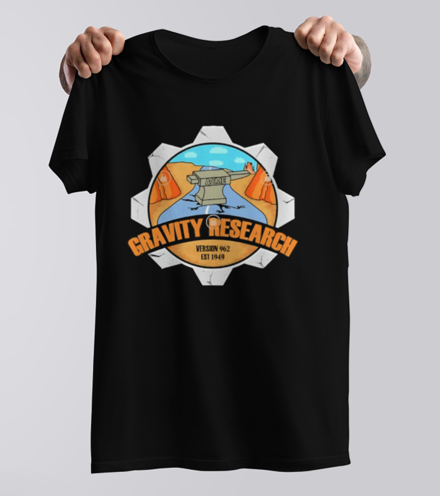 Acme Gravity Research Version 962 Est 1949 Cartoon Desert Road Scene T-Shirt