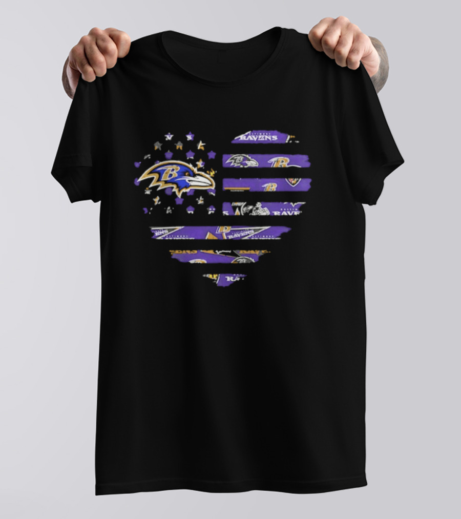 Baltimore Ravens 2026 Season American Flag Heart Ravens Logo Stars Stripes T-Shirt
