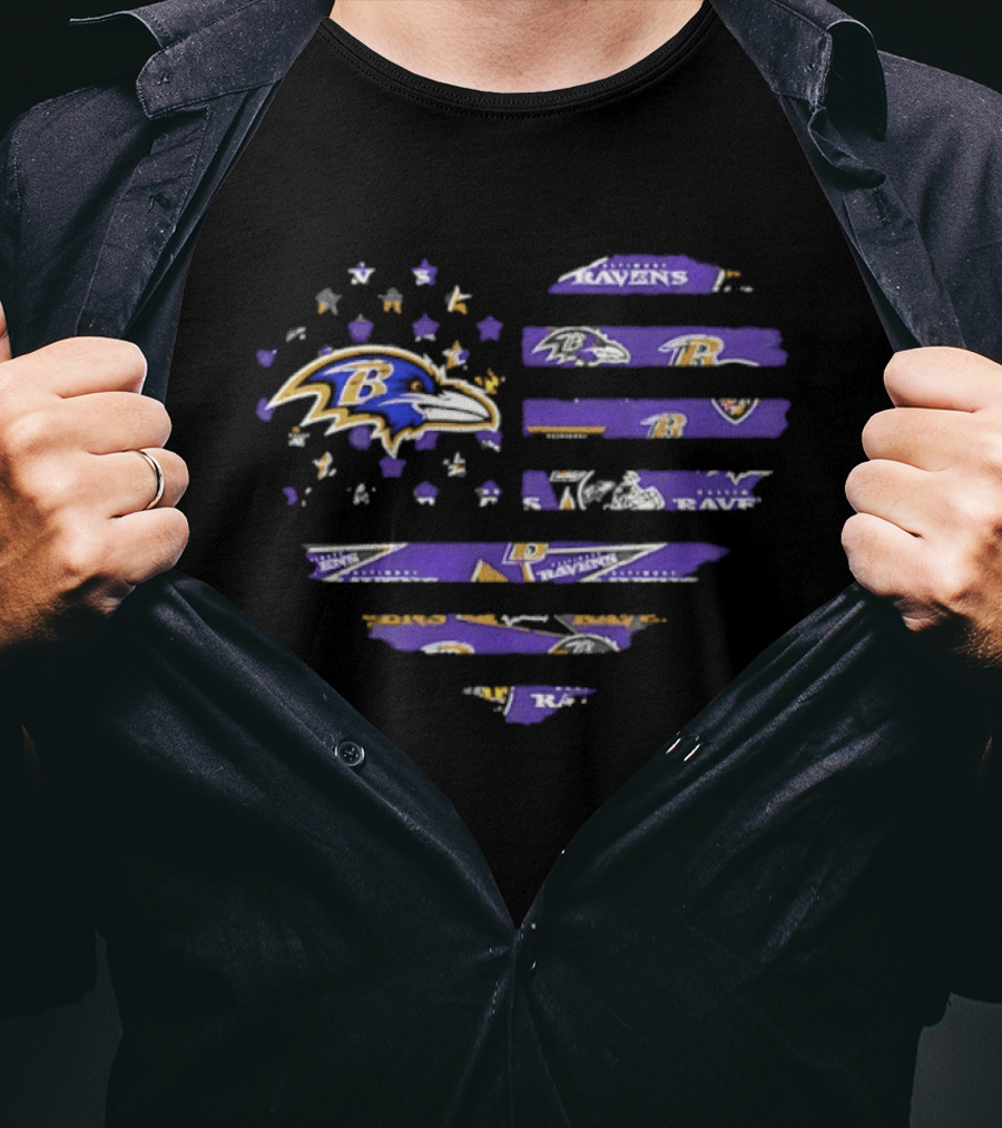 Baltimore Ravens 2026 Season American Flag Heart Ravens Logo Stars Stripes T-Shirt
