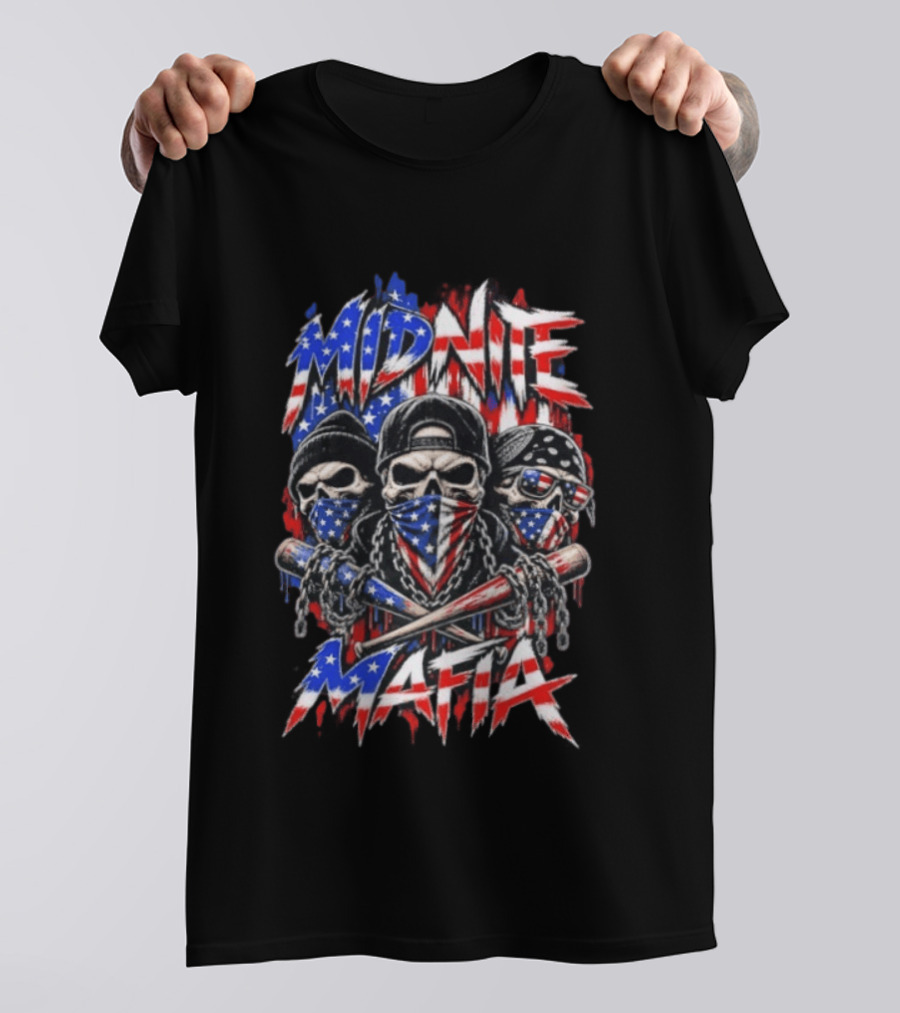 Midnite Mafia Skulls American Flag Bandanas Baseball Bats Chains T-Shirt