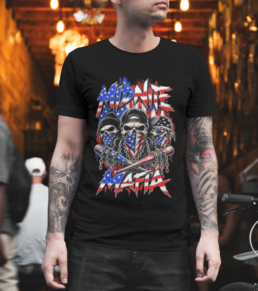 Midnite Mafia Skulls American Flag Bandanas Baseball Bats Chains T-Shirt