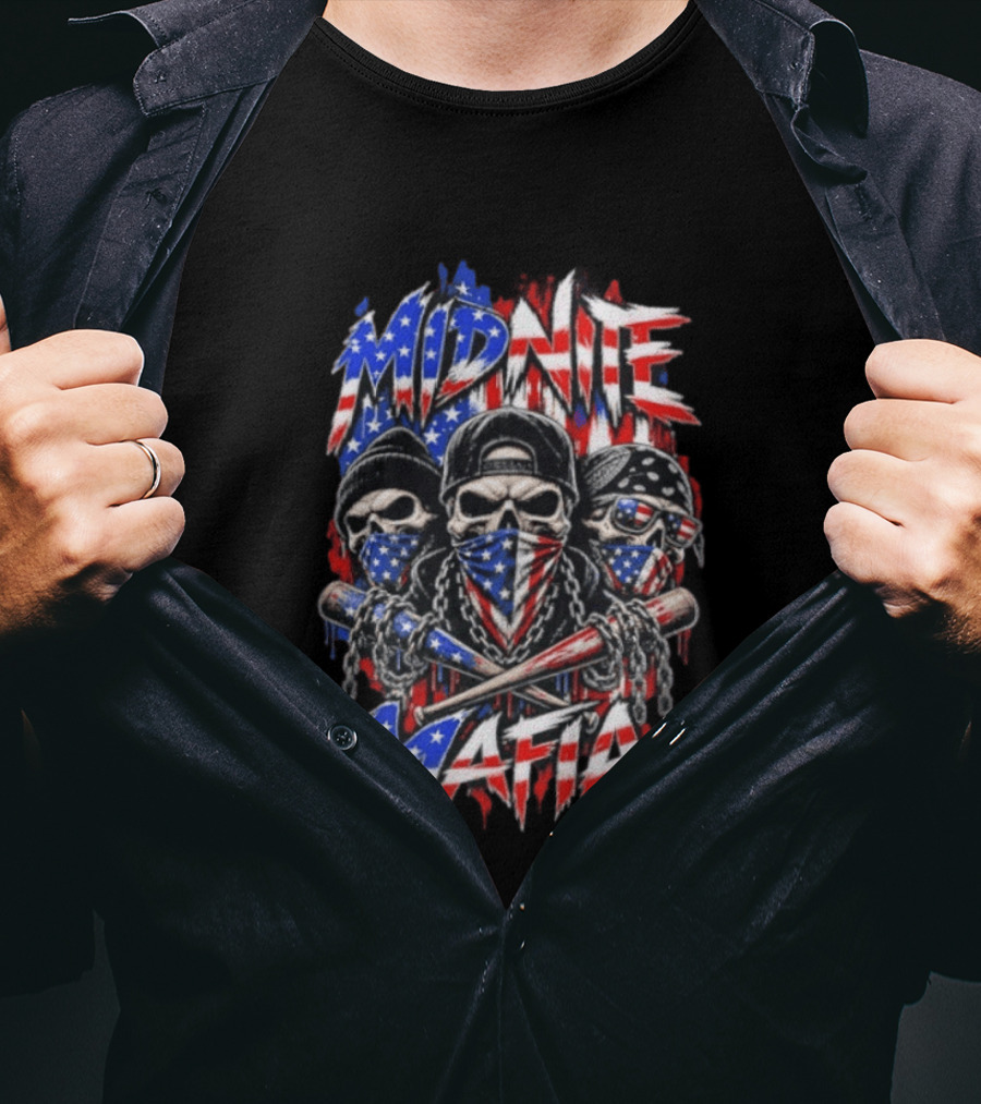Midnite Mafia Skulls American Flag Bandanas Baseball Bats Chains T-Shirt