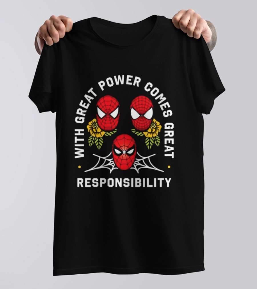 With Great Power Comes Great Responsibility Spider Man Masks Webs Flowers T-Shirt