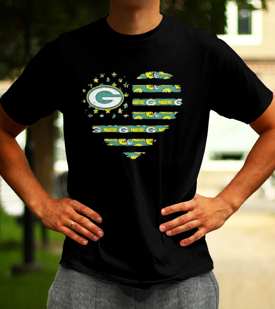 Green Bay Packers 2026 Season American Flag Heart Packers Gamers NFL Football Fans T-Shirt