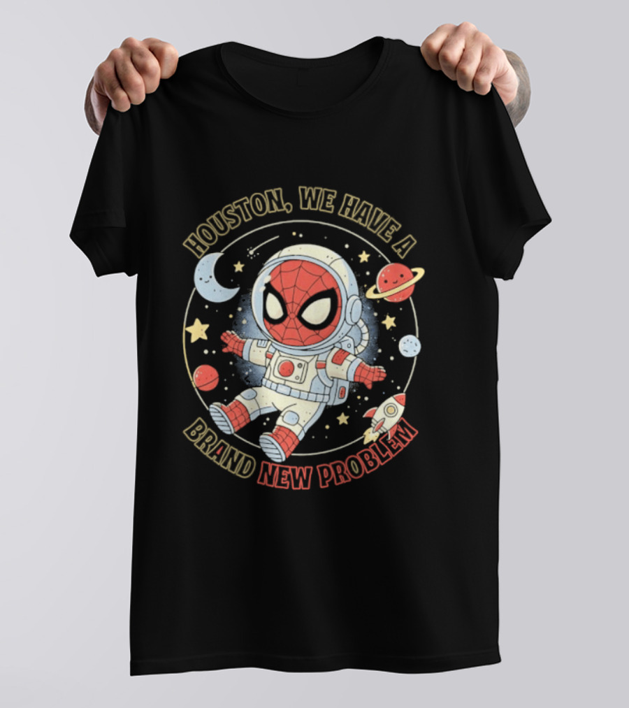 Houston We Have A Brand New Problem Spider Man Astronaut Moon Stars Planets T-Shirt