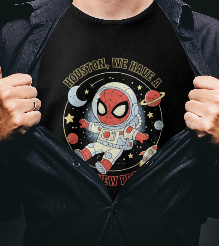 Houston We Have A Brand New Problem Spider Man Astronaut Moon Stars Planets T-Shirt