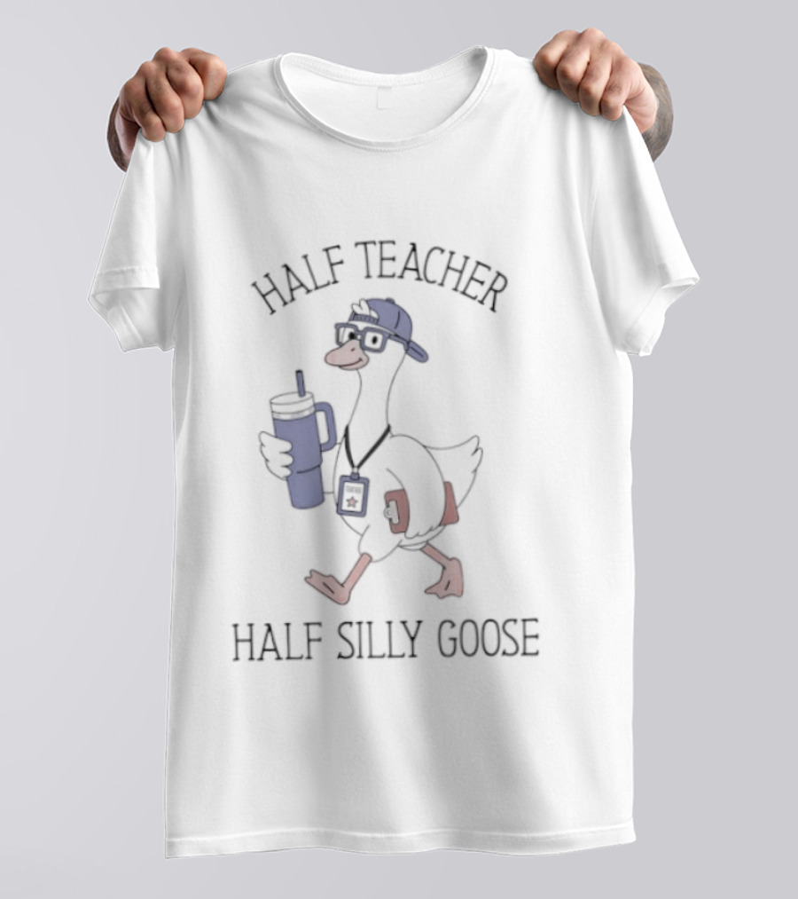 Half Teacher Half Silly Goose Funny Cartoon Duck With Coffee And School Supplies T-Shirt