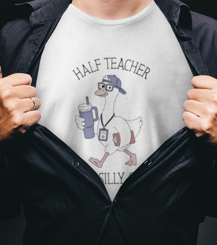 Half Teacher Half Silly Goose Funny Cartoon Duck With Coffee And School Supplies T-Shirt