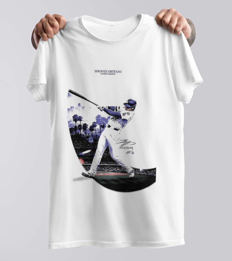 Shohei Ohtani 17 Los Angeles Angels MLB Slugger Swing Two Sided T-Shirt