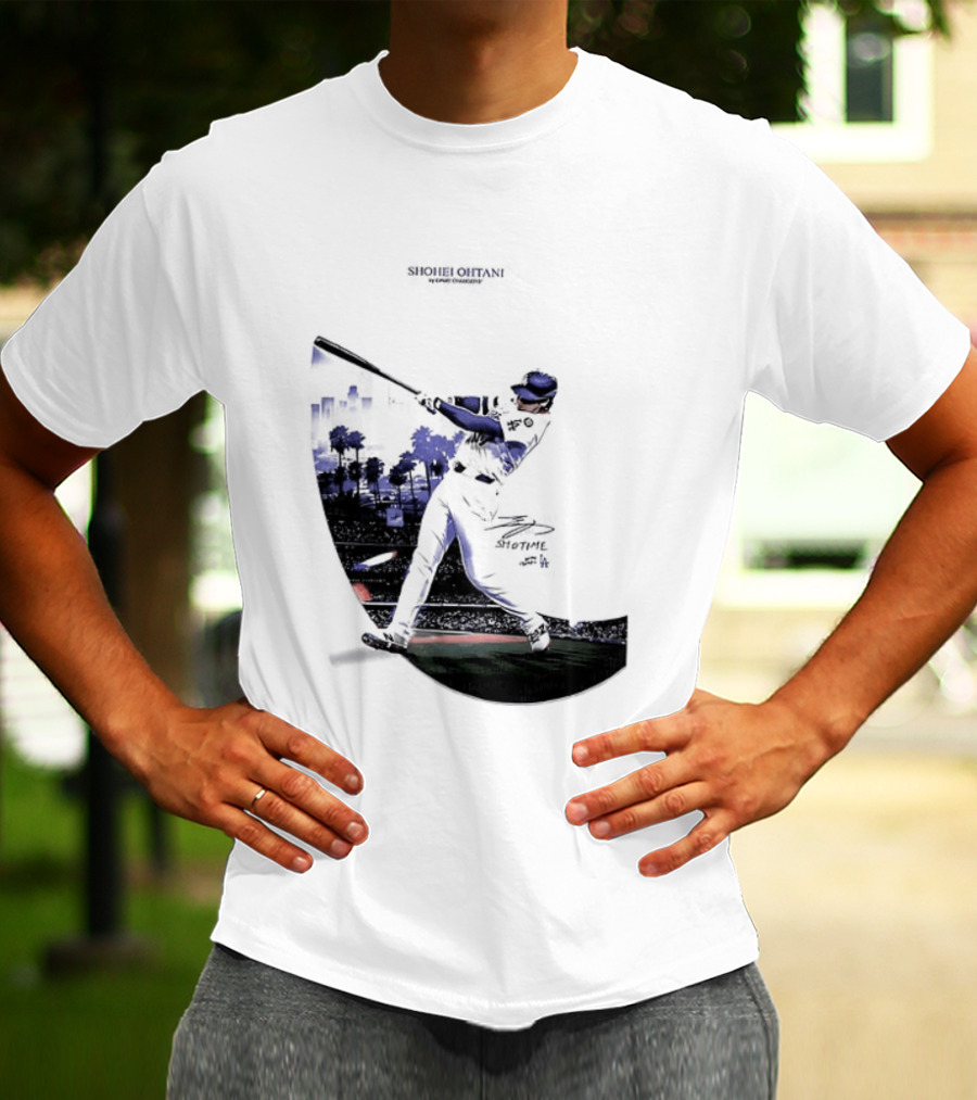 Shohei Ohtani 17 Los Angeles Angels MLB Slugger Swing Two Sided T-Shirt