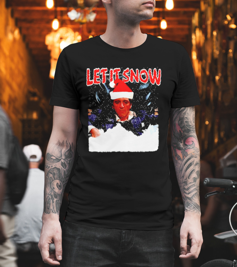 Let It Snow Al Pacino Scarface Tony Montana Snowflakes Santa Hat T-Shirt