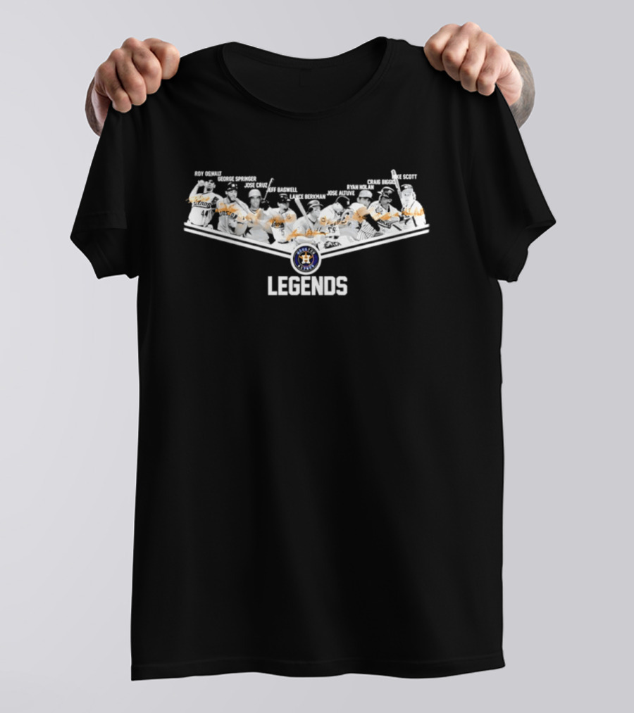 Houston Astros Legends Roy Oswalt George Springer Jose Cruz Jeff Bagwell Lance Berkman Jose Altuve Nolan Ryan Craig Biggio Mike Scott Signatures T-Shirt