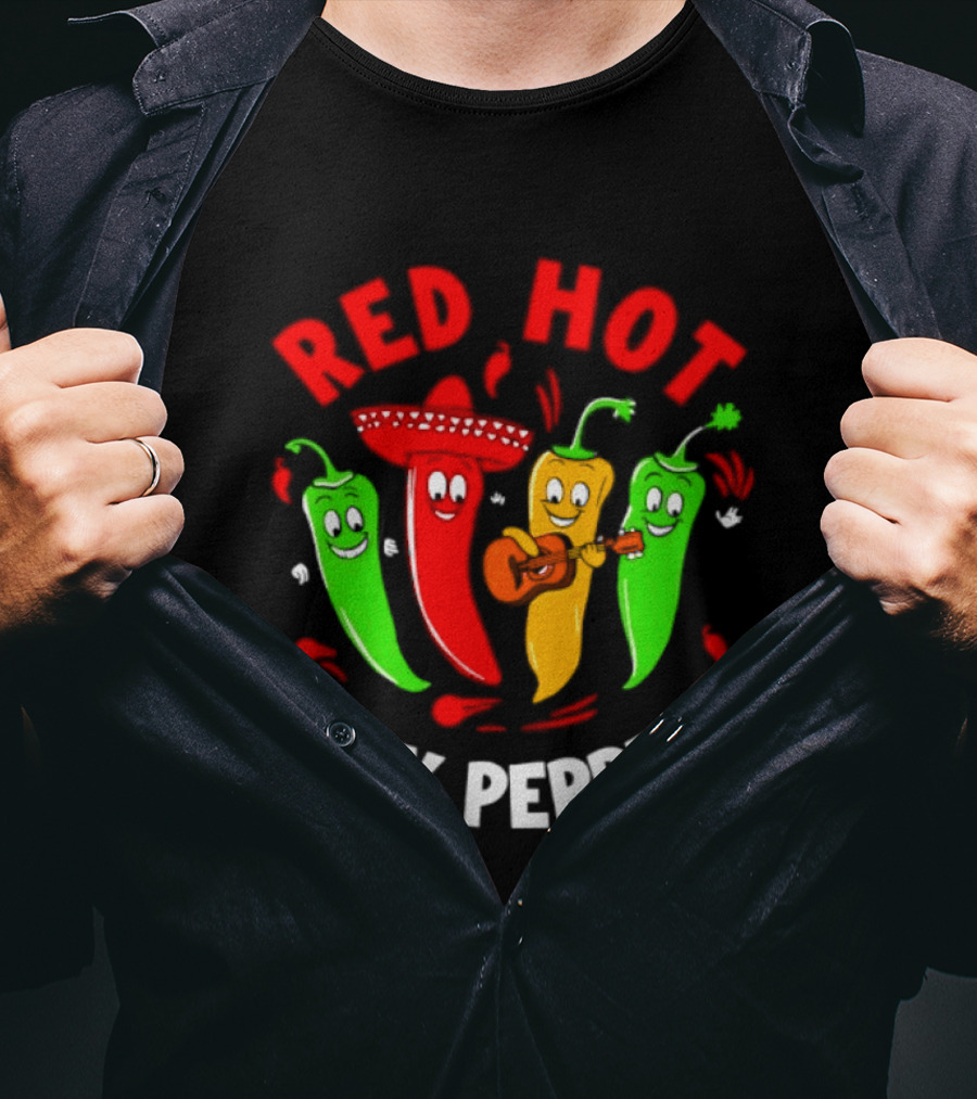 Red Hot Silly Peppers Band With Colorful Chili Cartoon Characters Playing Guitar T-Shirt