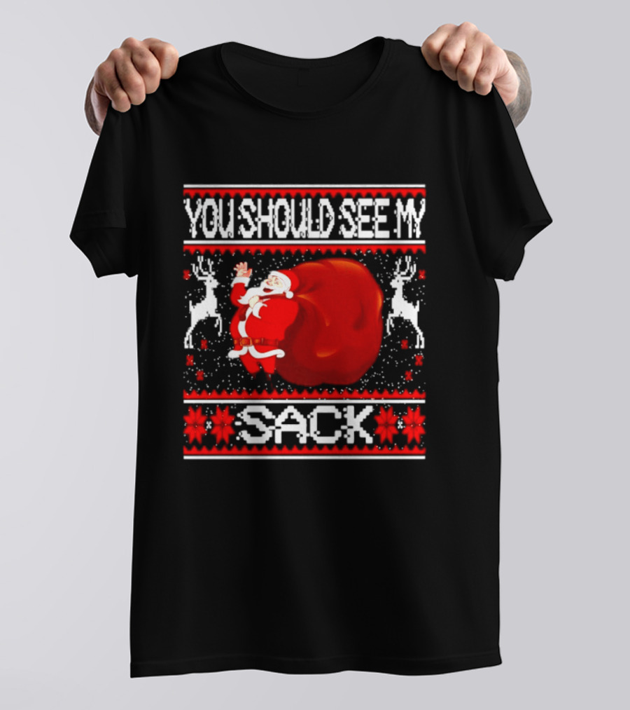 You Should See My Sack Santa Claus Ugly Christmas Reindeer Snowflakes T-Shirt