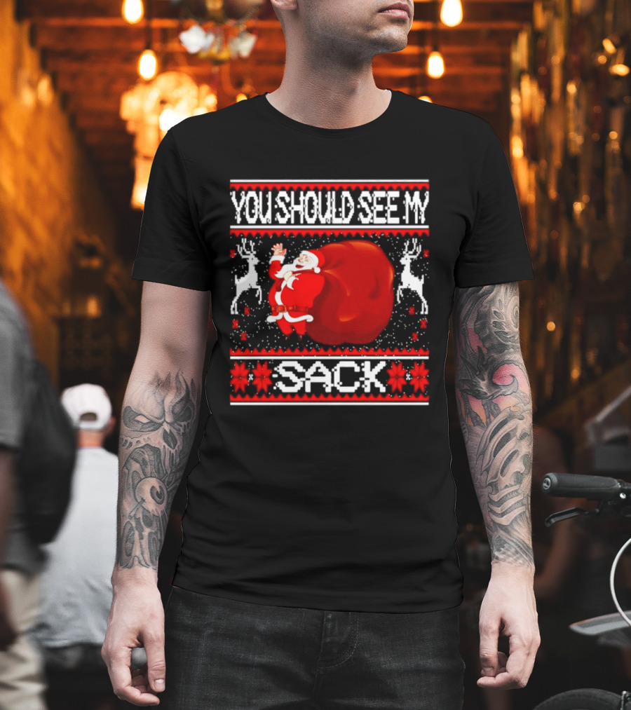 You Should See My Sack Santa Claus Ugly Christmas Reindeer Snowflakes T-Shirt