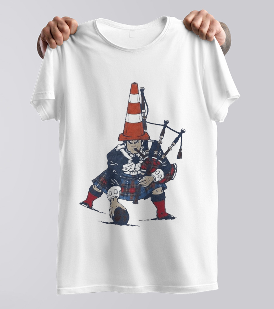 Bagpipes Player With Traffic Cone Hat Scottish Kilt Outfit T-Shirt