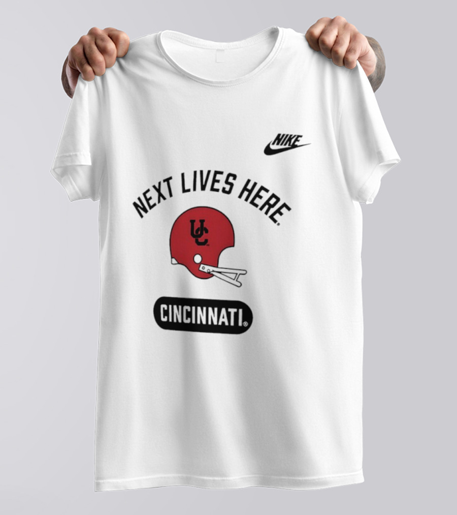 Next Lives Here Cincinnati UC Football Helmet Nike T-Shirt