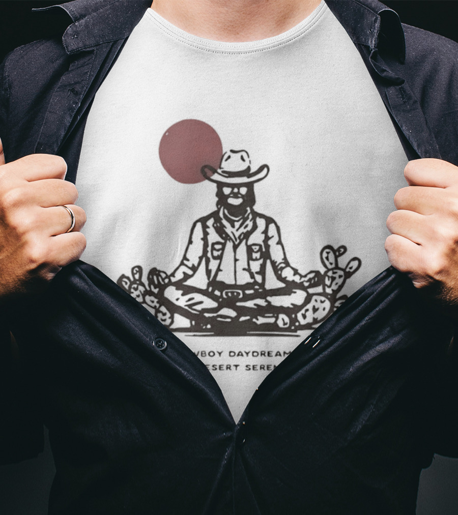 Cowboy Daydreamin' N' Desert Serenity Meditation With Red Sun And Desert Cactus T-Shirt