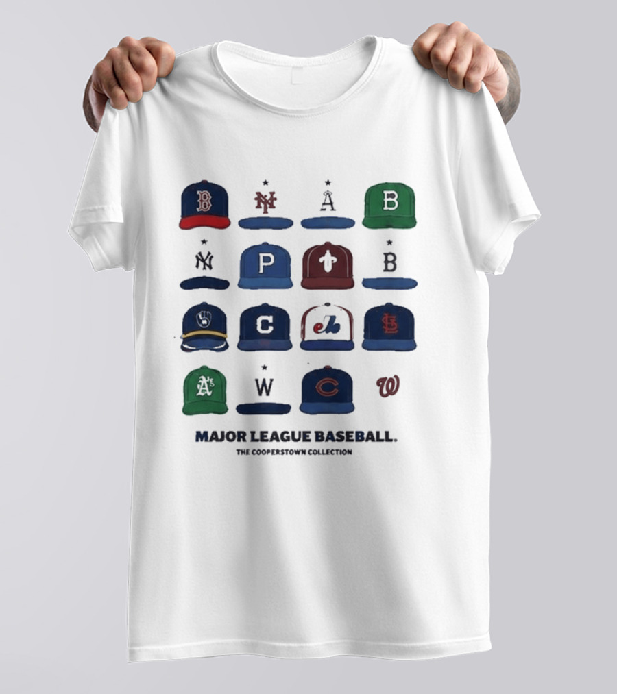 Major League Baseball Cooperstown Collection Cap Collage Featuring Historic Team Logos T-Shirt