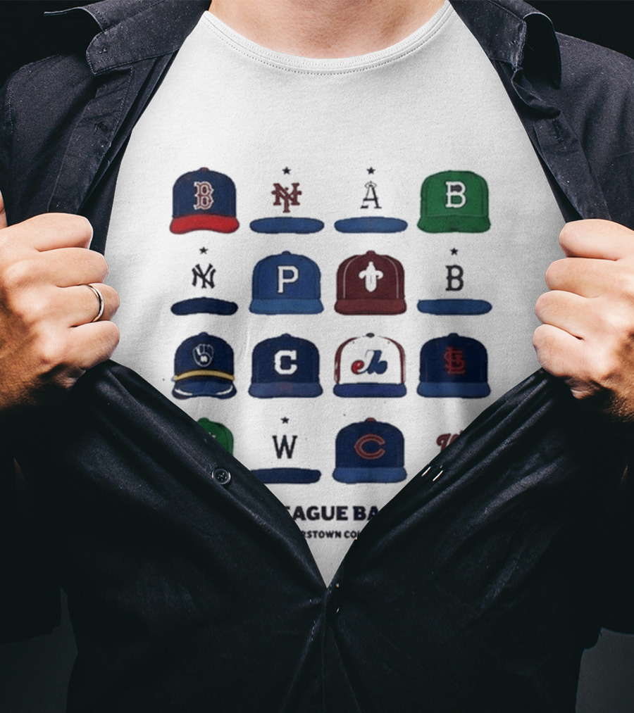 Major League Baseball Cooperstown Collection Cap Collage Featuring Historic Team Logos T-Shirt