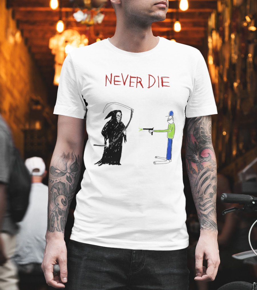 Never Die Grim Reaper Confronts Armed Man Drawing T-Shirt