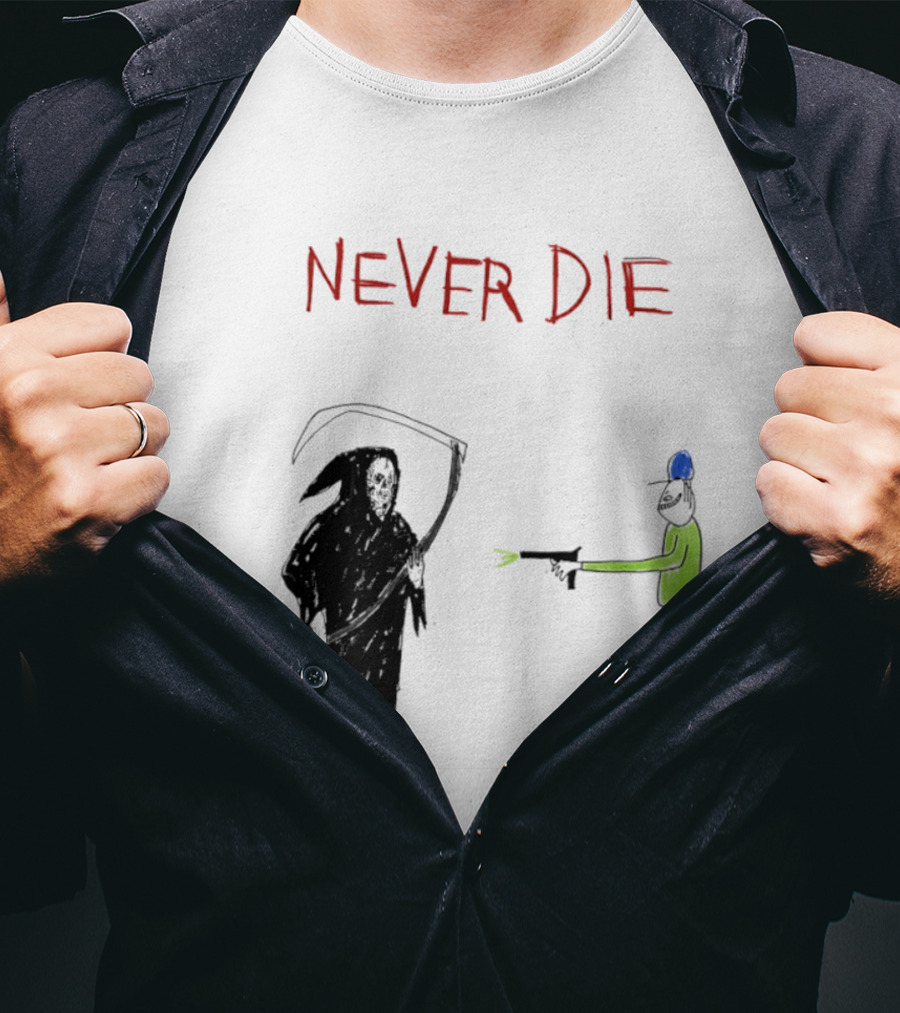 Never Die Grim Reaper Confronts Armed Man Drawing T-Shirt