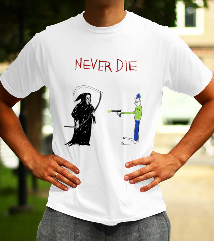 Never Die Grim Reaper Confronts Armed Man Drawing T-Shirt