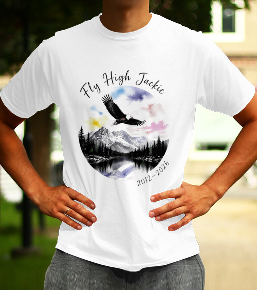 Fly High Jackie 2012 2026 Eagle Mountain Lake Memorial With Soaring Eagle And Scenic Sunset T-Shirt