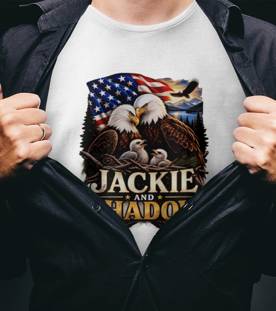 Jackie And Shadow Bald Eagles With American Flag T-Shirt