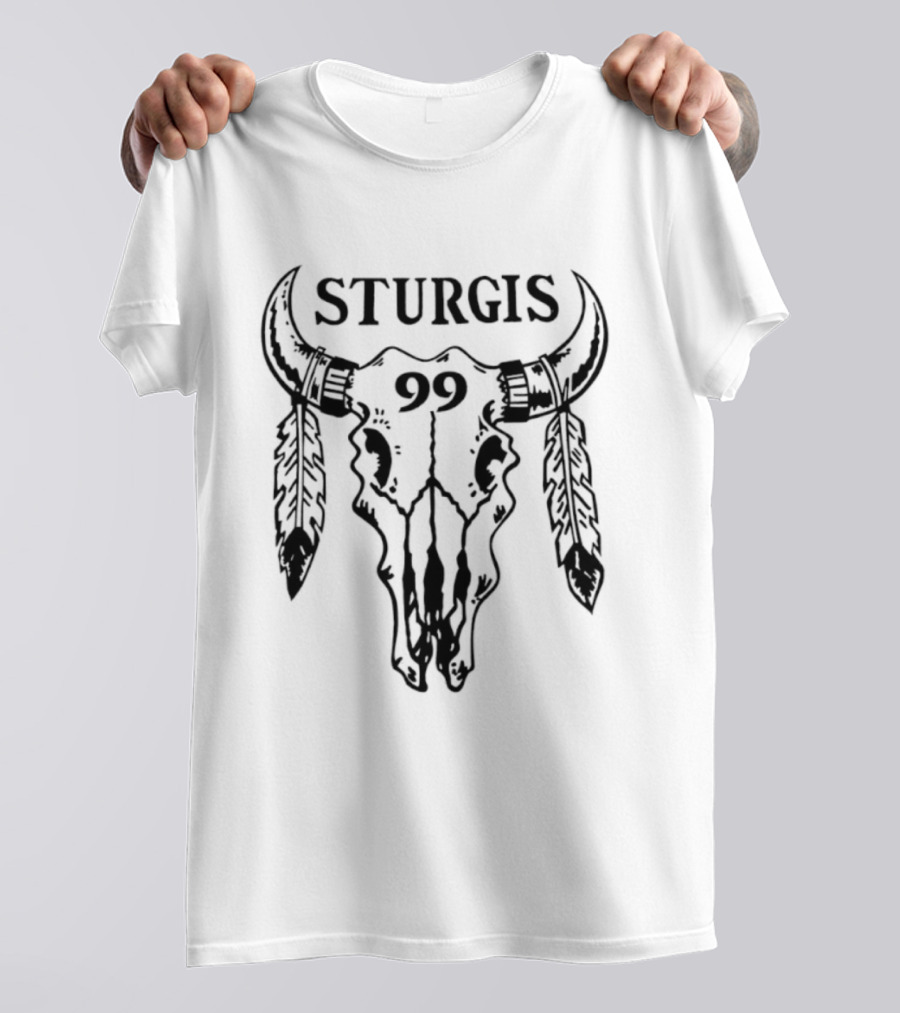 Sturgis 99 Bull Skull Western Biker Feathers T-Shirt